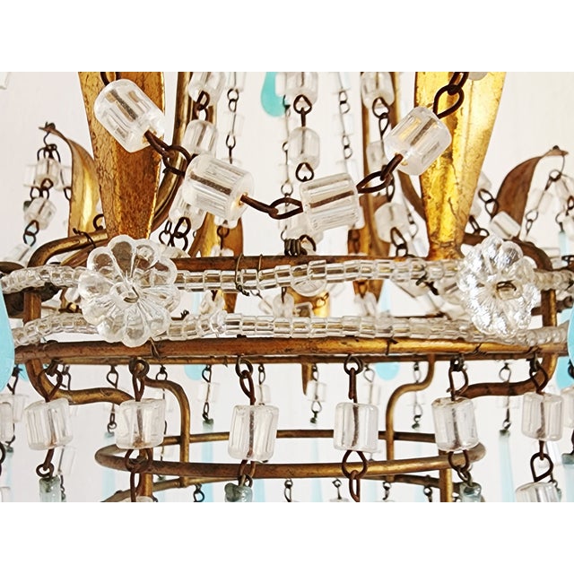Sky Blue Vintage Gilt Metal Italian Chandelier With Blue Opaline Crystals For Sale - Image 8 of 12