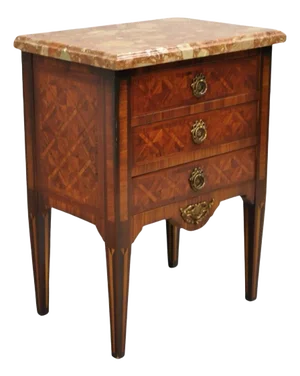 Vintage French Louis XVI Style Marquetry Inlay Marble Top Cherry Nightstand