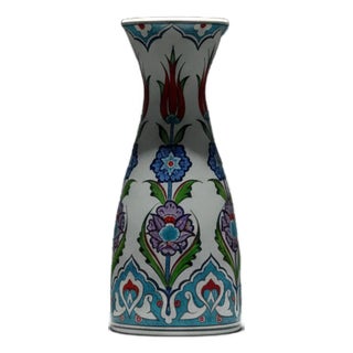 Handmade Ceramic Vase (25cm) Traditional Turkish Red Tulip & Purple Floral Pattern – Elegant Conical Art Decor For Sale
