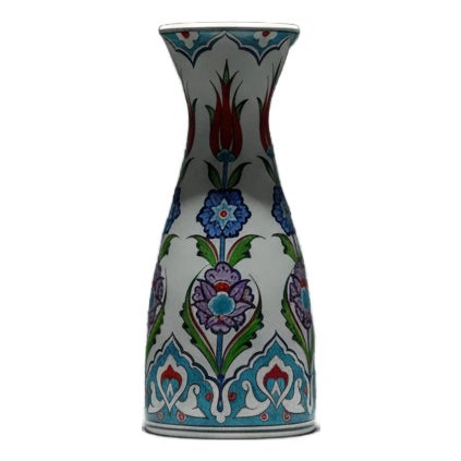 Handmade Ceramic Vase (25cm) Traditional Turkish Red Tulip & Purple Floral Pattern – Elegant Conical Art Decor For Sale