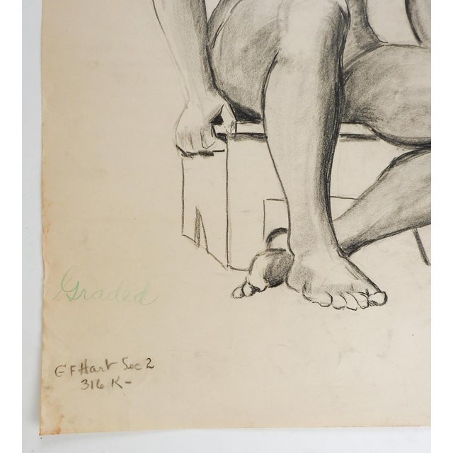 Mid-Century Modern Vintage 1950 Charcoal Study Seated Male Figure Drawing For Sale - Image 3 of 3