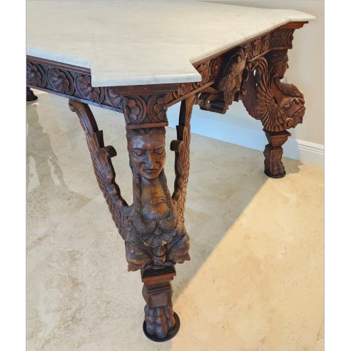 Baroque Antique Italian Renaissance Revival Library Dining Table Marble & Mahogany For Sale - Image 3 of 13