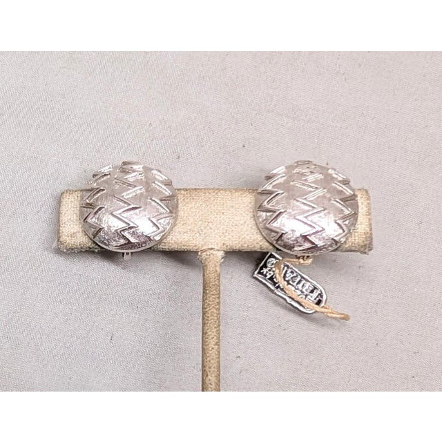 Trifari Vintage 1960s Signed Crown Trifari Round Rhodium Plated Zig Zag Clip Earrings-2 Pieces For Sale - Image 4 of 7