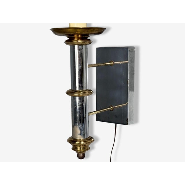 Silver Tommi Parzinger, Large Wall Sconces, Chromed Steel, Brass, Fabric, Usa, 1950s For Sale - Image 8 of 11