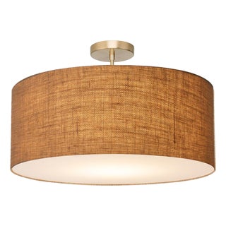 Stretch Semi Flush Mount, Burlap Shade, Weathered Brass For Sale
