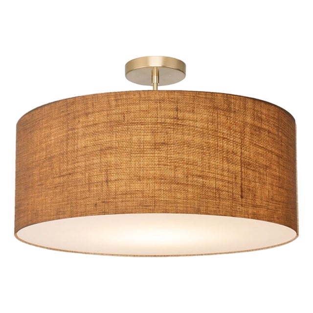 Stretch Semi Flush Mount, Burlap Shade, Weathered Brass For Sale