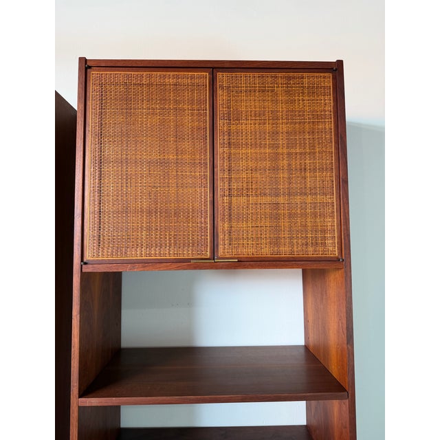 1960s Mid-Century Modern Jack Cartwright for Founders Furniture Walnut & Cane Storage Cabinets – A Pair For Sale - Image 10 of 16