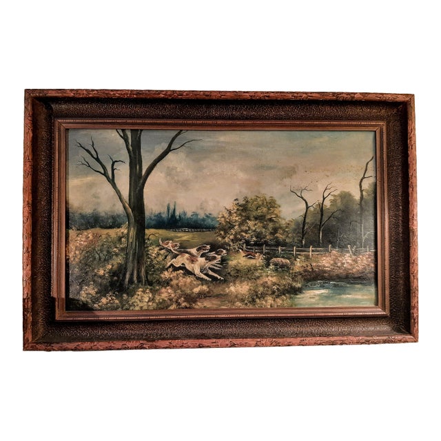 1920 Oil Painting Dogs and Fox Hunt Scene Signed For Sale