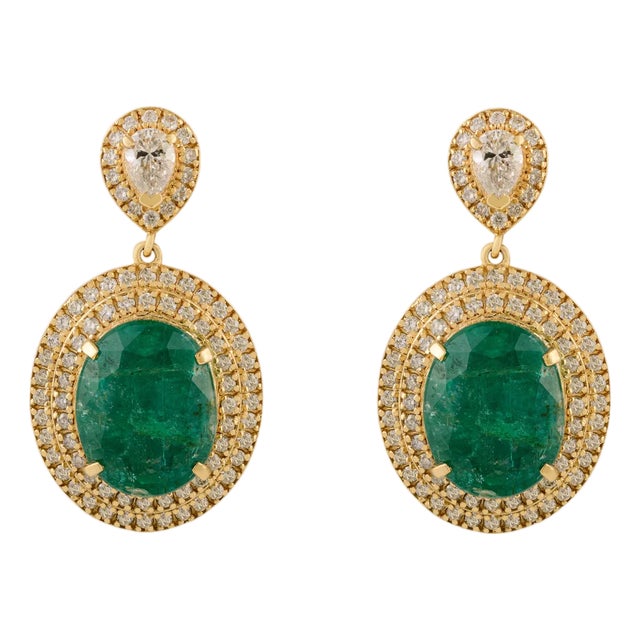 Natural 7.74 Ct Emerald Drop Oval Cluster Diamond Earrings 18k Gold- A Pair For Sale