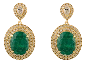Natural 7.74 Ct Emerald Drop Oval Cluster Diamond Earrings 18k Gold- A Pair