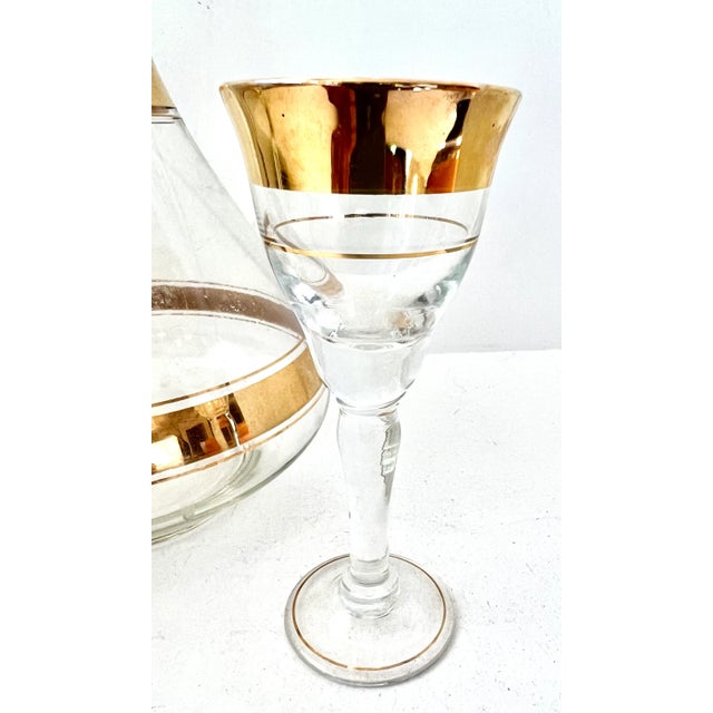 Mid Century Modern Gold Band Liquor Wine Cordials & Decanter Set- 3 Pieces For Sale - Image 11 of 13