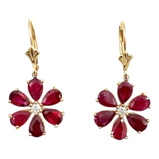 4.88 Ct Natural Ruby & Diamond Flower Shaped Earrings - 2 Pieces For Sale