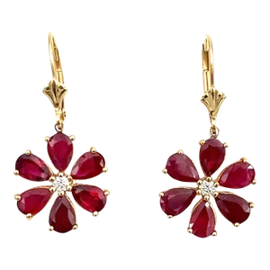4.88 Ct Natural Ruby & Diamond Flower Shaped Earrings - 2 Pieces