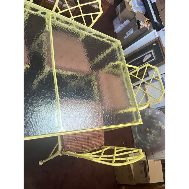 Brown Jordan MARKED Classic dining set of Chinese Chippendale faux bamboo 6 chairs and table in a light yellow for...