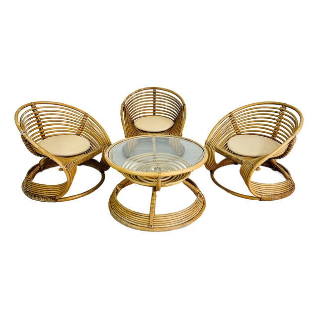 Italian Rattan Lounge Chairs With Coffee Table – Set of 3 For Sale