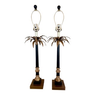 Late 20th Century Hollywood Regency Neoclassical Palm Tree Motif Buffet Lamps in Black and Gold - a Pair For Sale