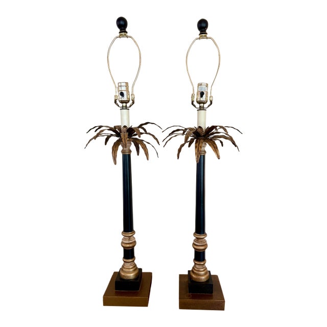 Late 20th Century Hollywood Regency Neoclassical Palm Tree Motif Buffet Lamps in Black and Gold - a Pair For Sale