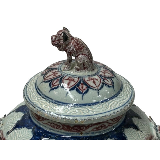 Orient Crackle Blue Red White Floral Graphic Ceramic Jar For Sale - Image 14 of 16