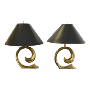 1970s Pierre Cardin Style Brass Wave Table Lamps With Black Lamp Shades, Pair