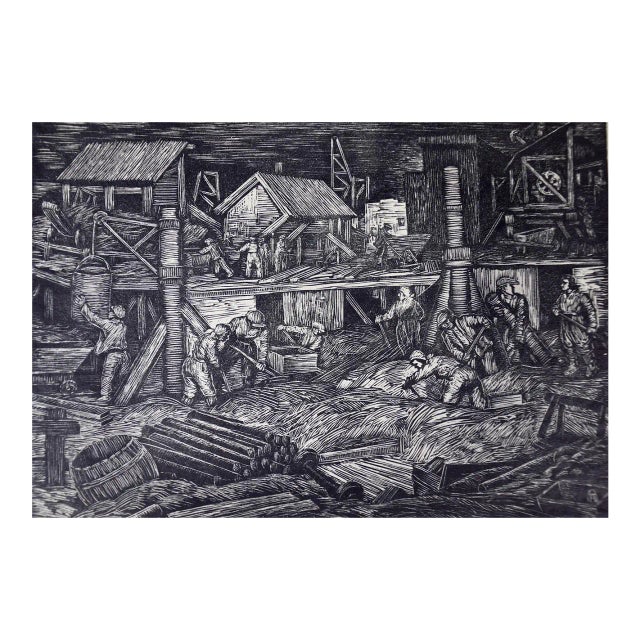 "Subway Construction, Moscow": An Early 20th C. Woodcut Engraving by Abramovitz, 1935 For Sale