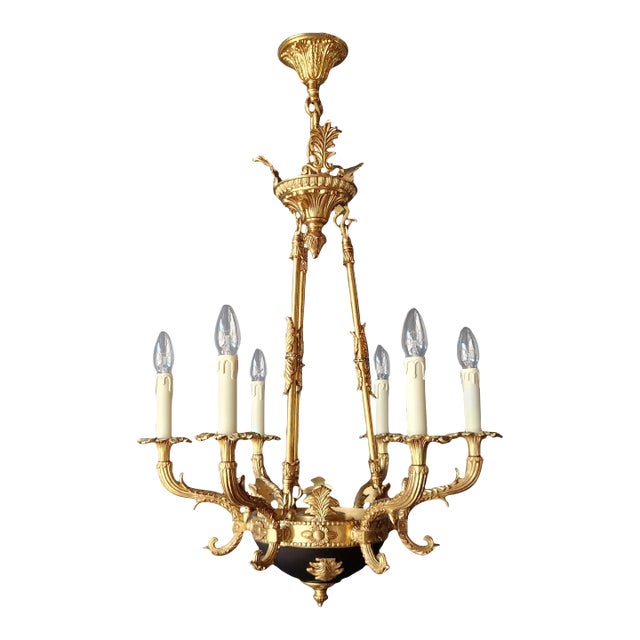Small Brass Empire Lustre Chandelier in Antique Gold Finish For Sale