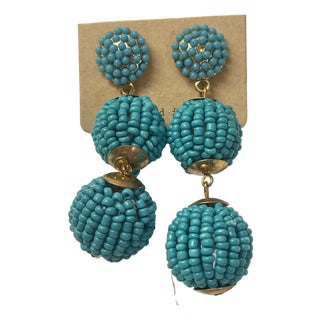 1960s Pair of Double Beaded Turq Drop Earrings For Sale
