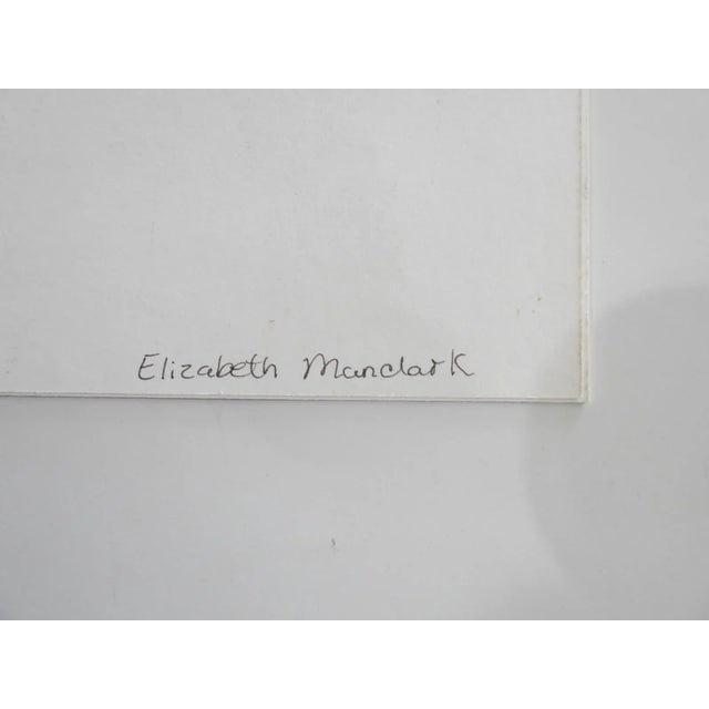 Late 20th century purple, ochre and olive geometric abstract gouache on paper. Signed Elizabeth Manclark on verso....