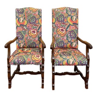 Antique Pair of Catalan Style Carved Oak Recently Upholstered Armchairs C. 1920s For Sale