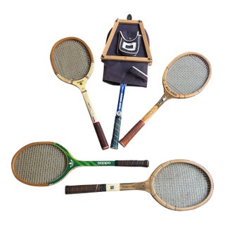 Vintage Miscellaneous Collection of Wooden Tennis Rackets With Cover For Sale