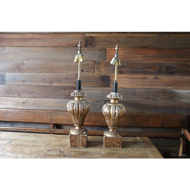 Italian Pair of Carved Wood Gilt Table Lamps With Fluted Urn Bases For Sale - Image 17 of 18