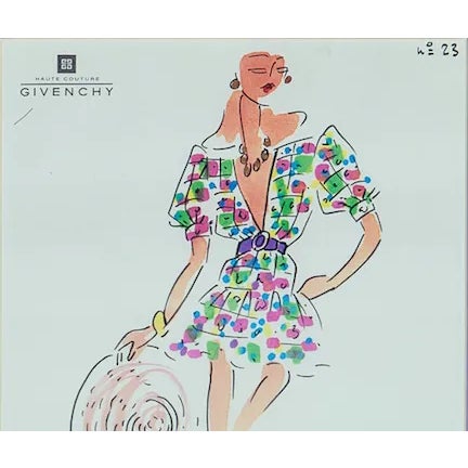 Glam Givenchy Paris (haute couture) hand-coloured fashion plate replete with a floral fabric swatch attached!~ Art: 8" x...