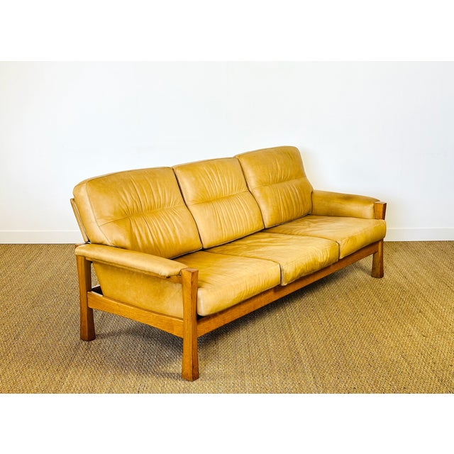 Complete Living Room Set in Natural Leather and Oak by Pierre Chapo for FDB, 1960s, Set of 3 For Sale - Image 9 of 18
