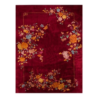 1930s Red Burgundy Floral Antique Chinese Art Deco Rug 8' 6" X 11' 6" Handknotted Wool Carpet For Sale