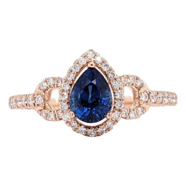 Ceylon Sapphire Diamond Halo Ring: Solid 14k Gold, Pear Shape 6x4mm, Size 6.75 For Sale