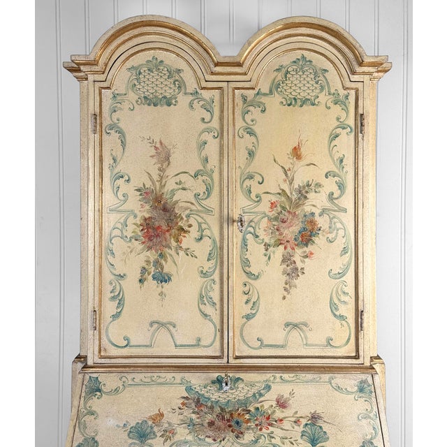 Wood Vintage Italian Venetian Hand Painted Secretary Desk W/ Bookcase Top For Sale - Image 7 of 17
