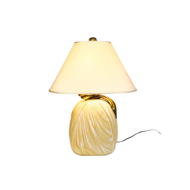 What a Stunner! 1982 Chapman draped-fabric ceramic & brass lamp. Brass harp, original linen shades, and solid brass knot...