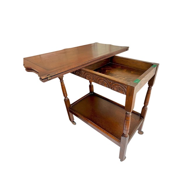 Antique English Jacobean Style Oak Flip Top Game Table Bar Cart Carved Frieze For Sale - Image 14 of 18