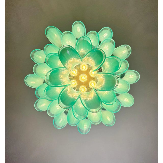 Italian Murano Style Chandelier, 36 Lattimo Turquoise Glass Petals, Mazzega Style For Sale - Image 11 of 12