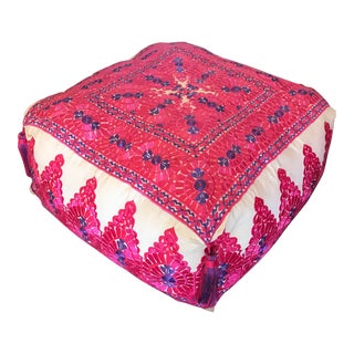 Hot Pink and Blue Moroccan Hand-Stitched Large Square Pouf/ Ottoman With Tassels For Sale