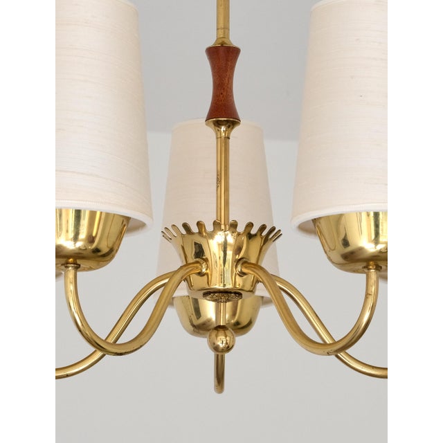 ASEA Brass 5-Arm Chandelier with Silk Shades from Asea Belysning, Sweden, 1950s For Sale - Image 4 of 12