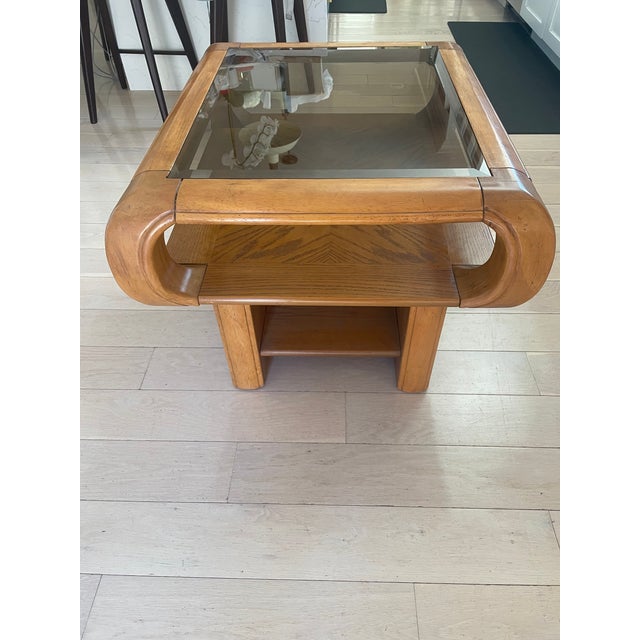 1970s Side Table -1970s California Modern Sculptural Oak Side Table With Smoked Glass Top For Sale - Image 5 of 8