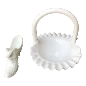1950s Fenton Milk Glass Hobnail Pieces Shoe and Basket - 2 Pieces