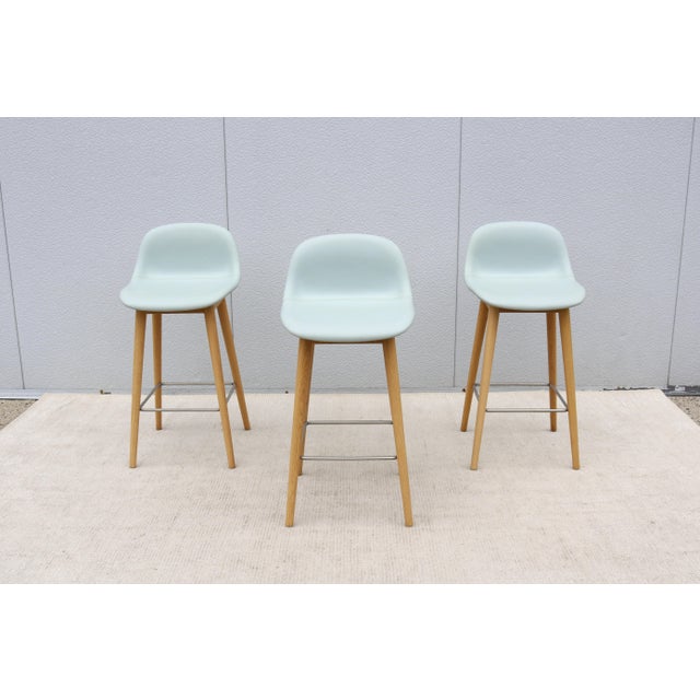 Mid-Century Modern Danish Iskos-Berlin for Muuto Leather Fiber Counter Stools Wood Base - Set of 3 For Sale - Image 3 of 18