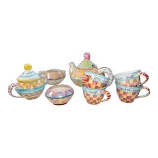 Hand Painted Vintage MacKenzie-Childs "Childrens Sampler" Tea Cups | Set of 4 For Sale