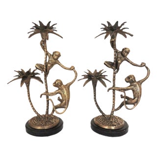 Pair of Maitland Smith Bronze Candelabra W/ Monkeys & Palm Trees For Sale