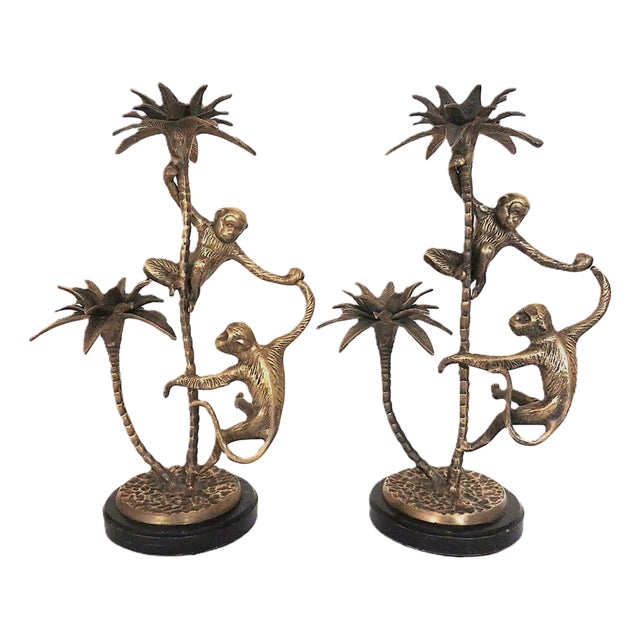 Pair of Maitland Smith Bronze Candelabra W/ Monkeys & Palm Trees For Sale