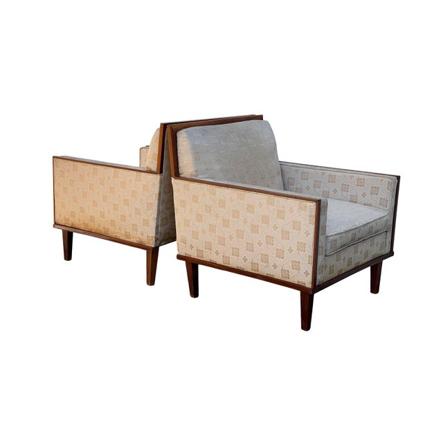 Mid-Century Modern 1960s Walnut Encased Square Upholstered Club Lounge Arm Chair-A Pair For Sale - Image 3 of 5