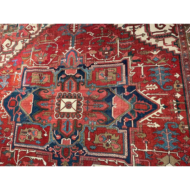 Antique Red & Blue Heriz Rug Rare Square Size For Sale In Los Angeles - Image 6 of 8
