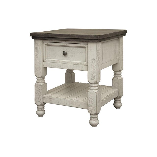 Stonegate Collection: Two-toned hand distressed white with warm stone stained tops Solid Pine wood with distressed finish...