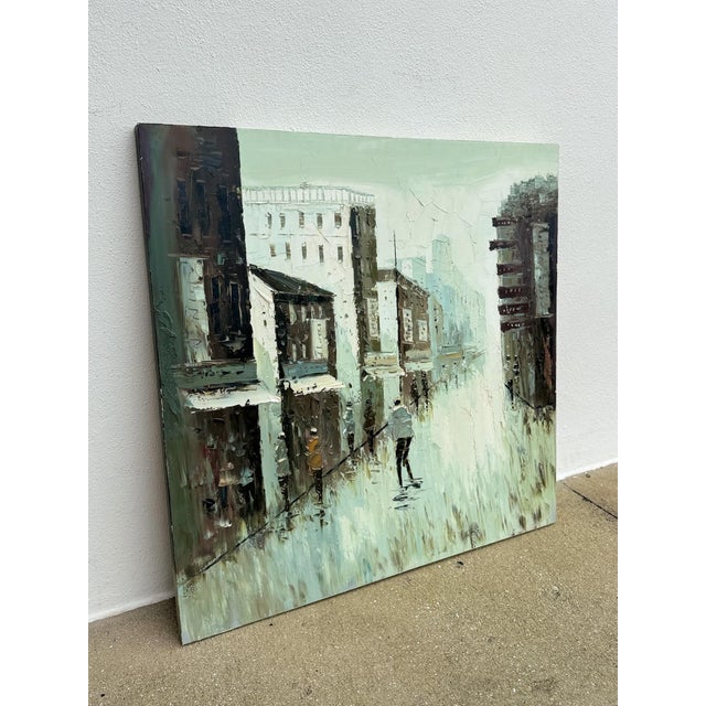 Rainy Cityscape Oil Painting Brutalist Impasto Figurative Street Scene For Sale - Image 4 of 10